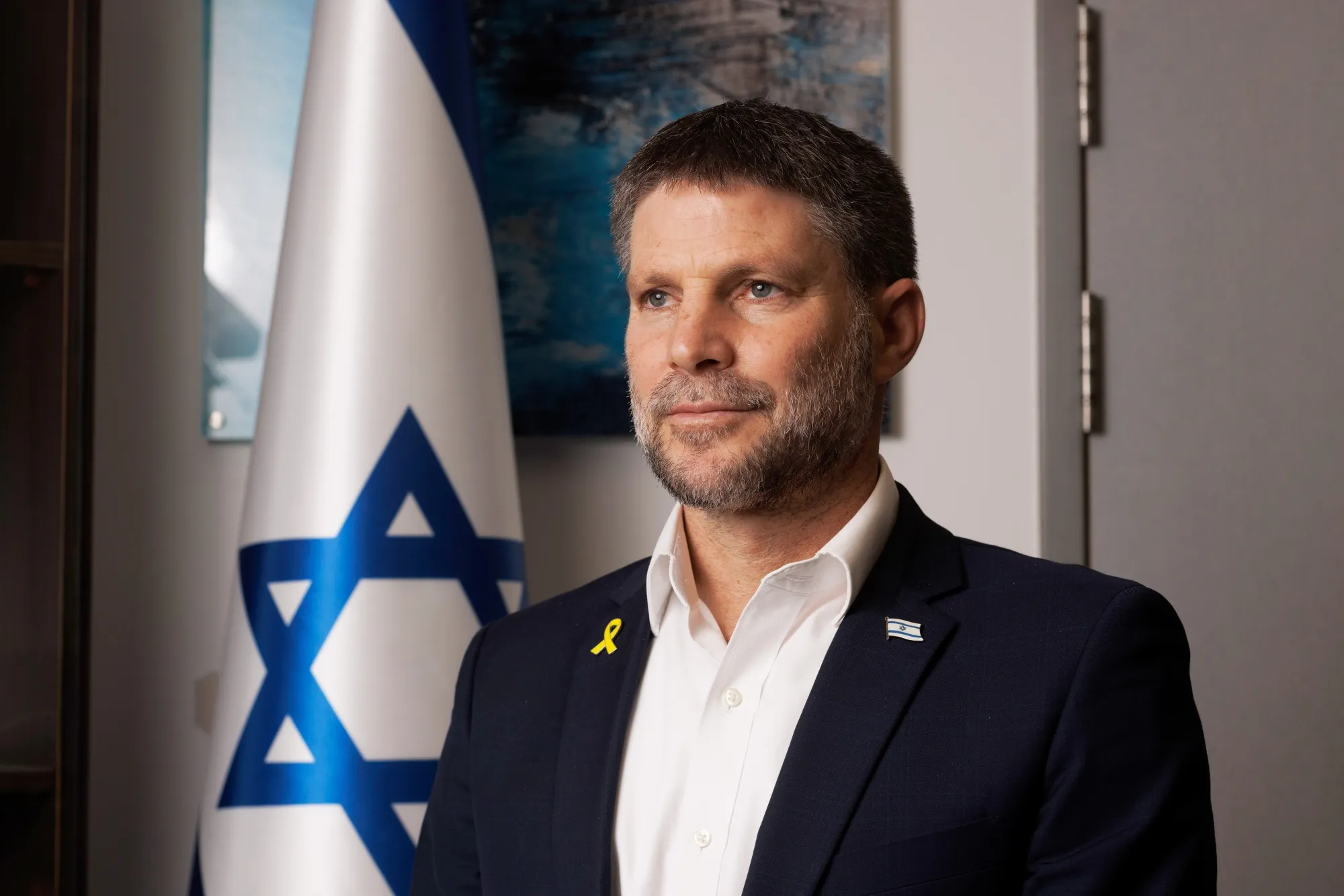 Bezalel Smotrich during an interview at the Ministry of Defense in Tel Aviv.