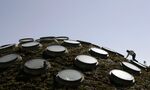 A worker climbs among skylights on the "living roof" at the California Academy of Sciences in Golden Gate Park in San Francisco.