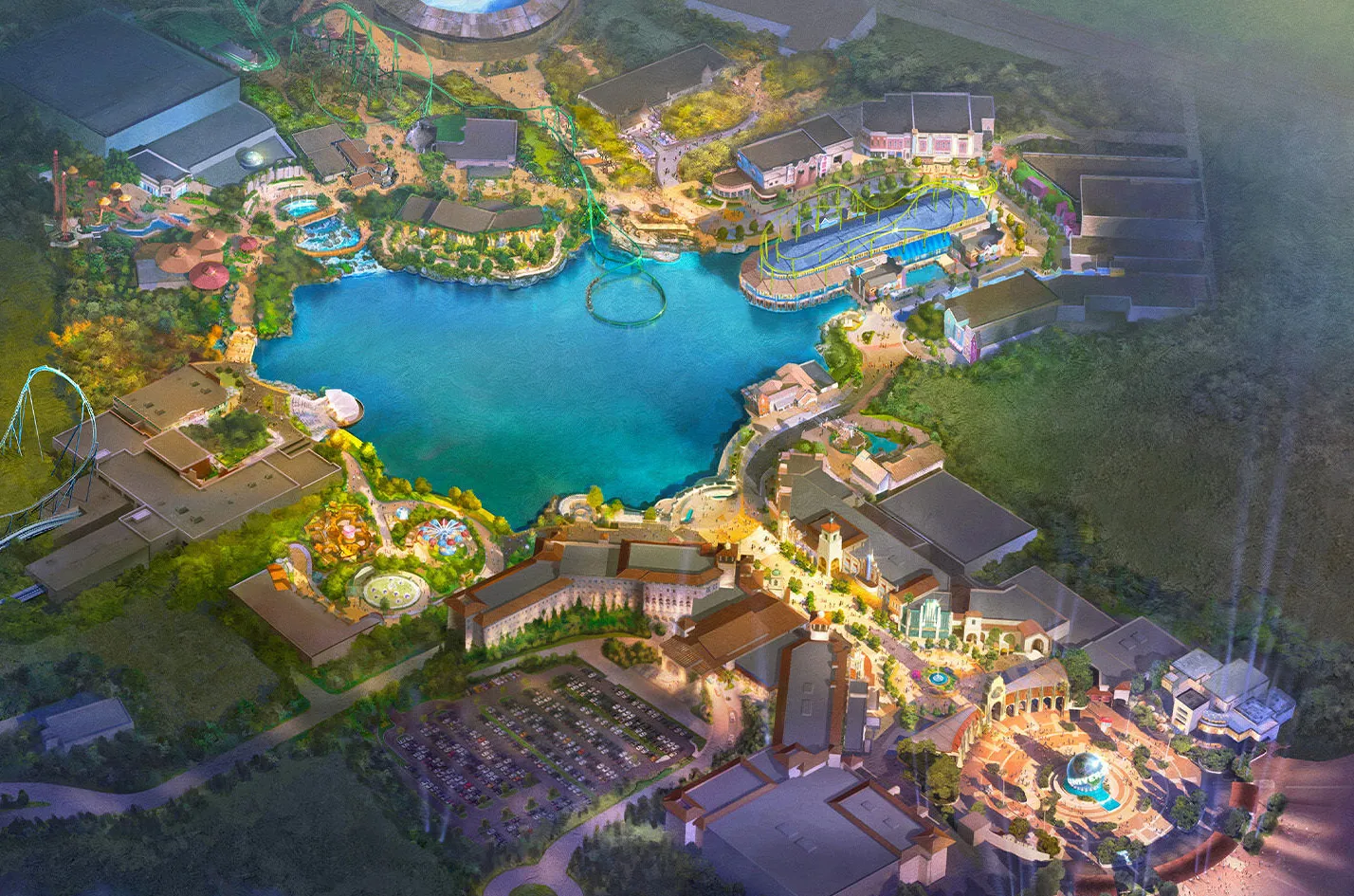 A rendering of Comcast Corp.’s theme park plans in Bedford.