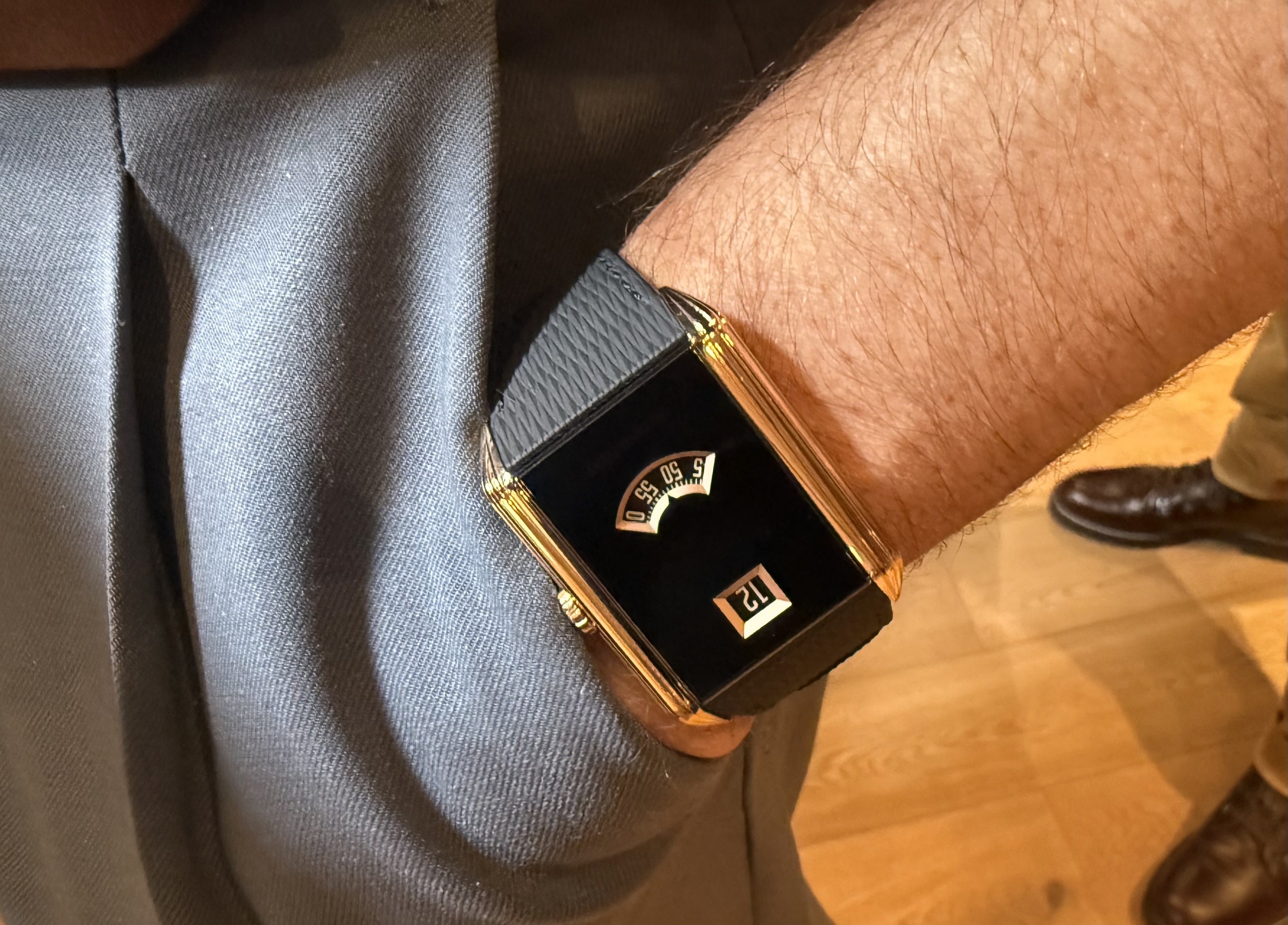 The Audemars Piguet Neo Frame Jumping Hour watch features a sapphire face with black PVD coating and rose-gold “gadroons” along the side. It’s a remake of an art deco model from 1930.