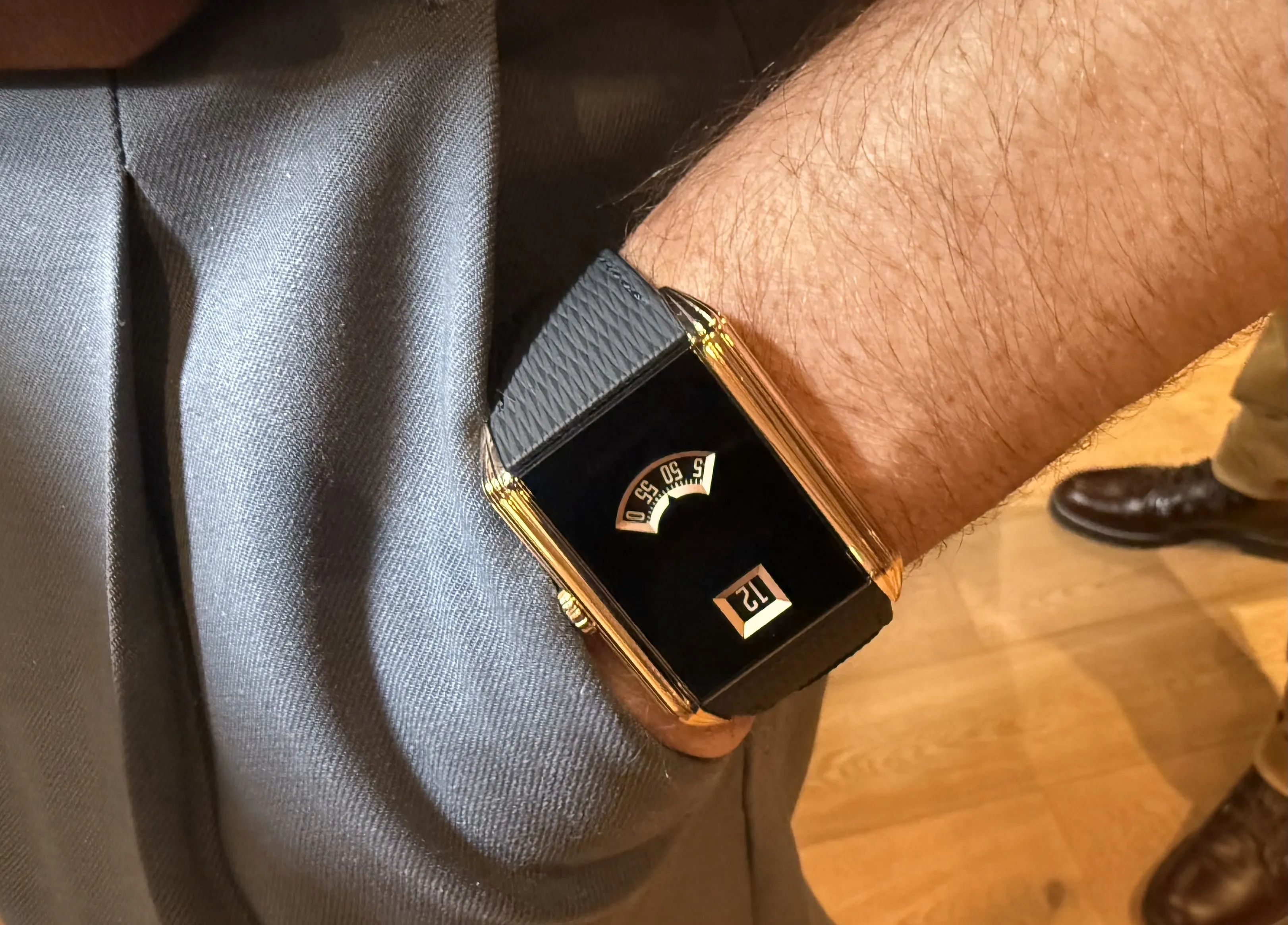 The Audemars Piguet Neo Frame Jumping Hour watch features a sapphire face with black PVD coating&nbsp;and rose-gold “gadroons” along the side. It’s a remake of an art deco model from 1930.
