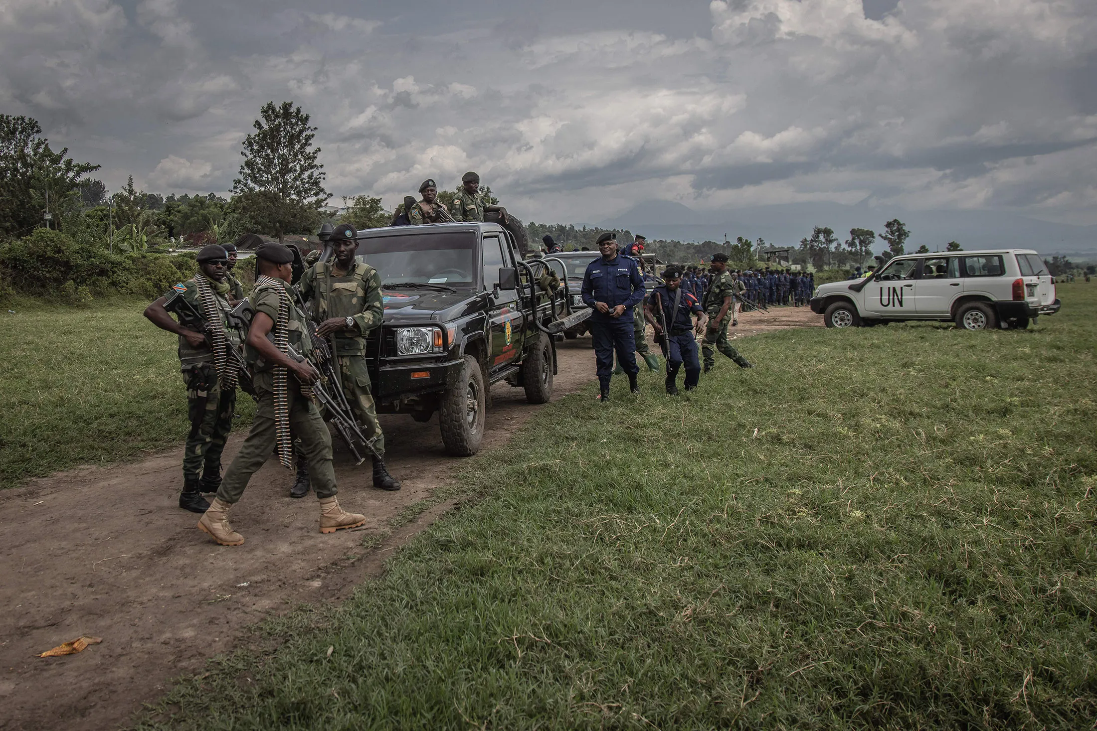 Units of the Armed Force of the Democratic Republic of Congo and police stand at Kiwanja airfield in eastern Democratic Republic of Congo on April 3.