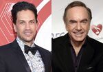 Will Swenson appears at the 74th annual Tony Awards in New York on Sept. 26, 2021, left, and Neil Diamond appears at the MusiCares Person of the Year tribute for him in Los Angeles on Feb. 6, 2009.  Swenson has been tapped to lead “A Beautiful Noise, The Neil Diamond Musical” this summer when it makes its debut at Boston’s Emerson Colonial Theatre. (AP Photo)