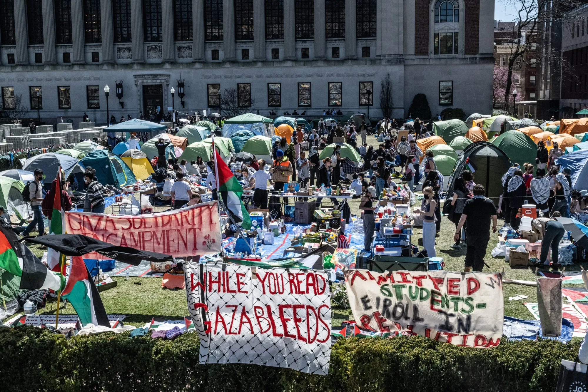 Pro-Palestinian demonstrators at an encampment at Columbia University in the Morningside Heights neighborhood of New York&nbsp;on&nbsp;April 22, 2024.