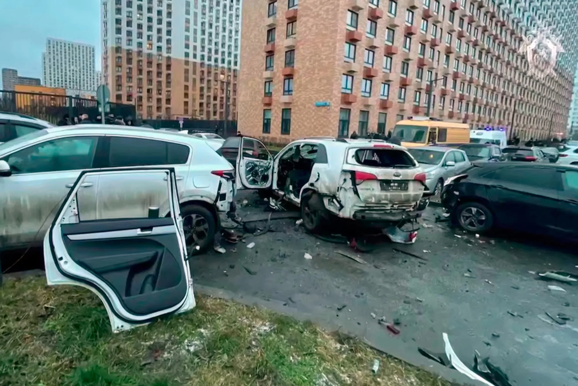 The scene of an explosive device detonated under the vehicle of Lieutenant General Fanil Sarvarov, in Moscow, on Dec. 22.