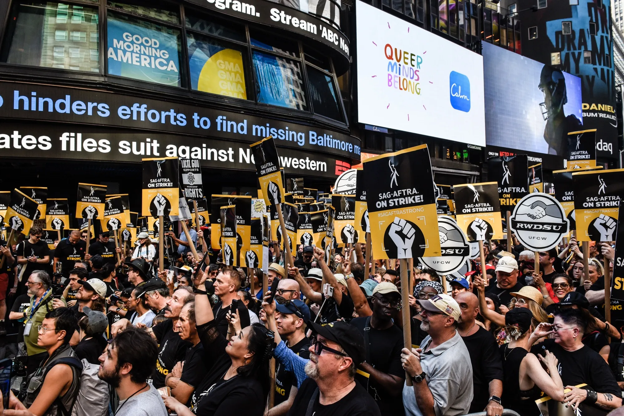 Screen Actors Guild members and supporters during a rally in Times Square in New York, US, on Tuesday, July 25, 2023.&nbsp;