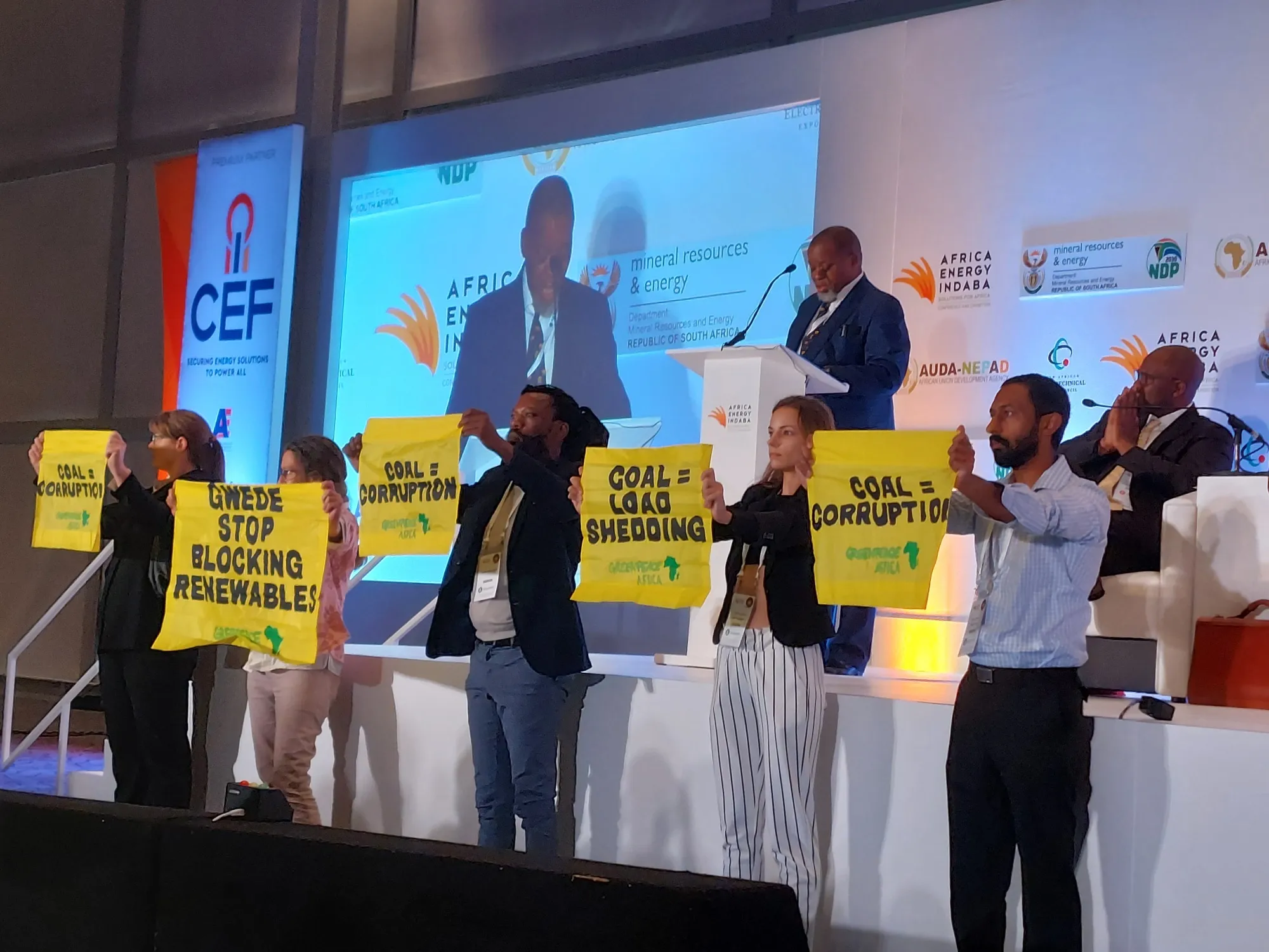 Environmentalists protest during a speech by Gwede Mantashe in Cape Town.