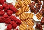 Flamin’ Hot Cheetos-flavored wings, waffle fries and honey BBQ bone-in wings.
