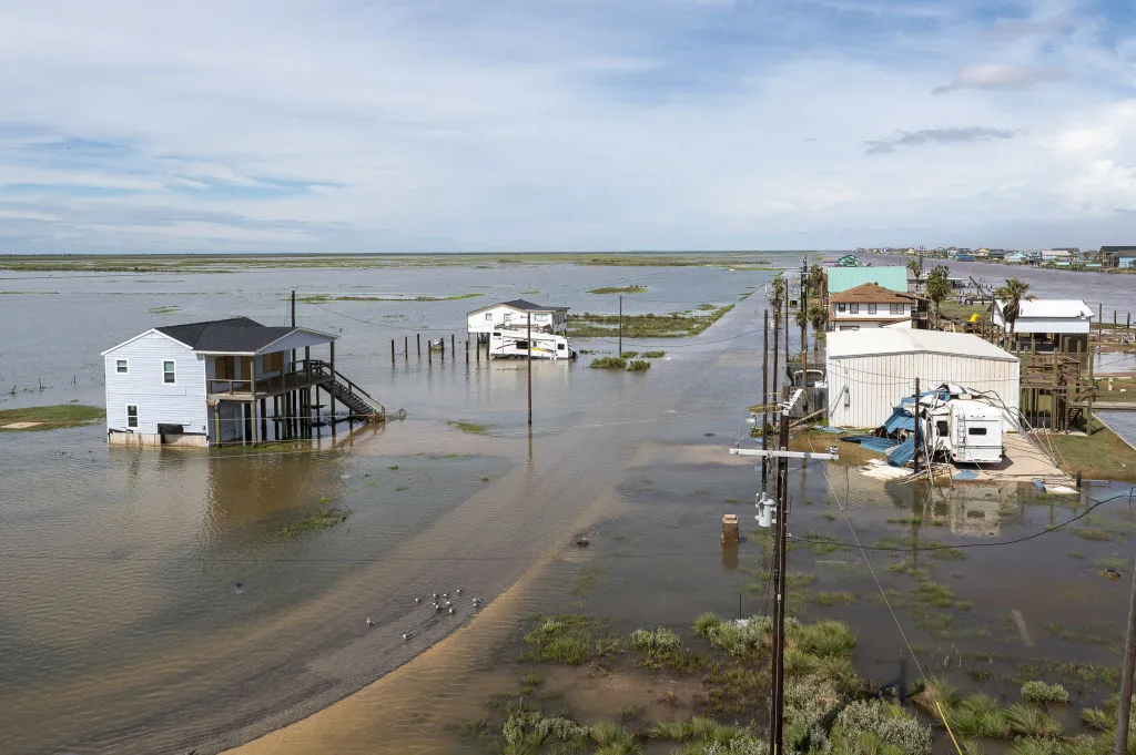 Homes surrounded by flood waters after Hurricane Beryl made landfall in Sargent, Texas.