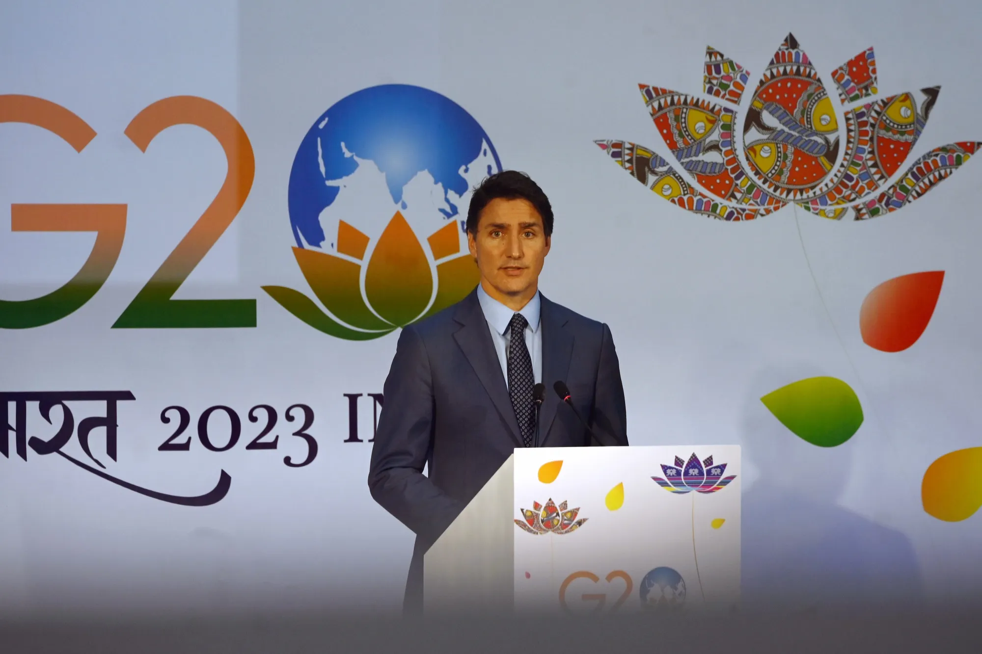 Justin Trudeau, Prime Minister of Canada, during a news conference on the sidelines of the Group of 20 (G-20) Leaders Summit in New Delhi, India, on Sunday, Sept. 10, 2023.&nbsp;Ties between the nations fell to their lowest point in decades after Trudeau&nbsp;linked Indian agents to the assassination of a prominent Sikh leader in Canada.
