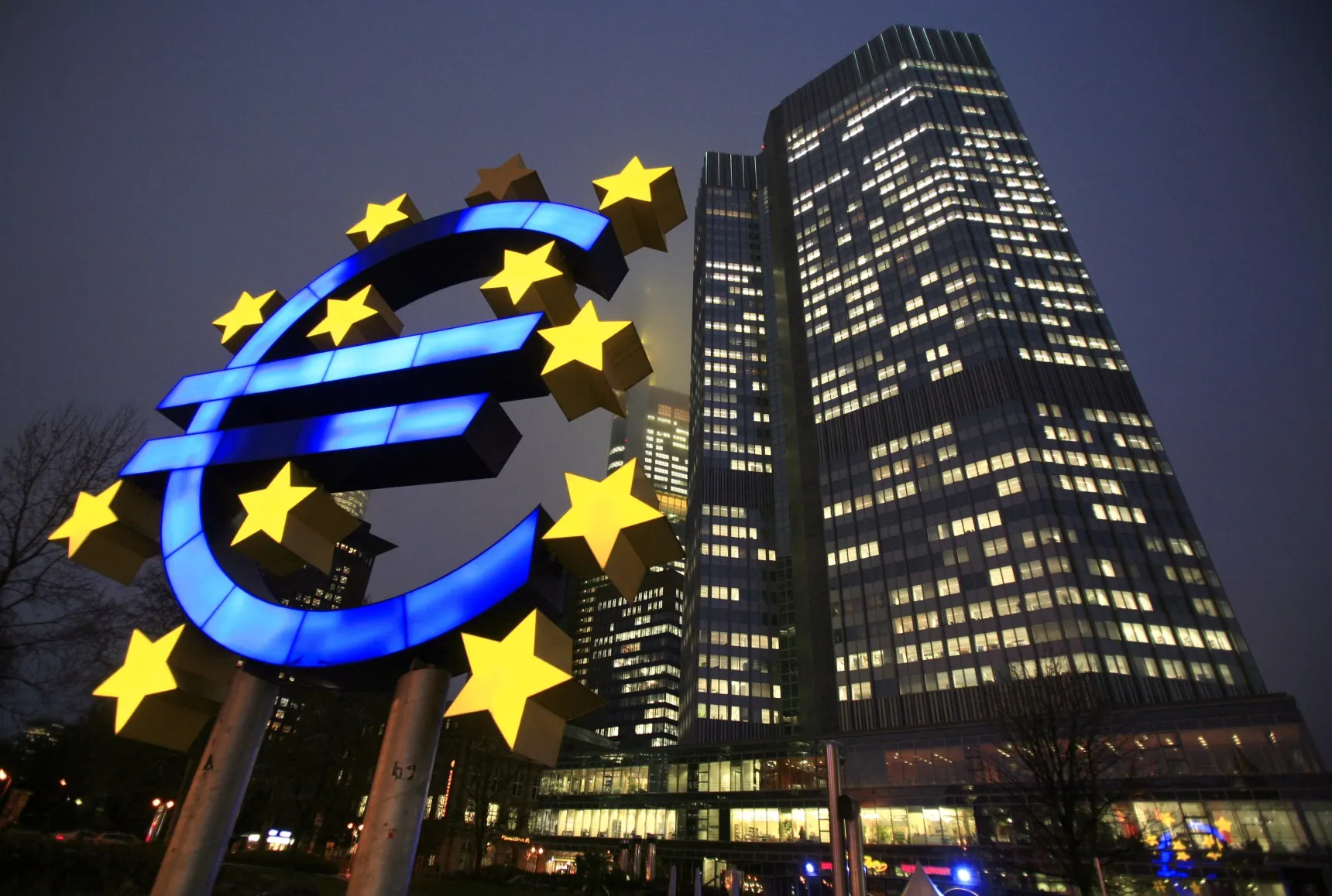 A Euro sign sculpture in front of the European Central Bank headquarters in Frankfurt, Germany.