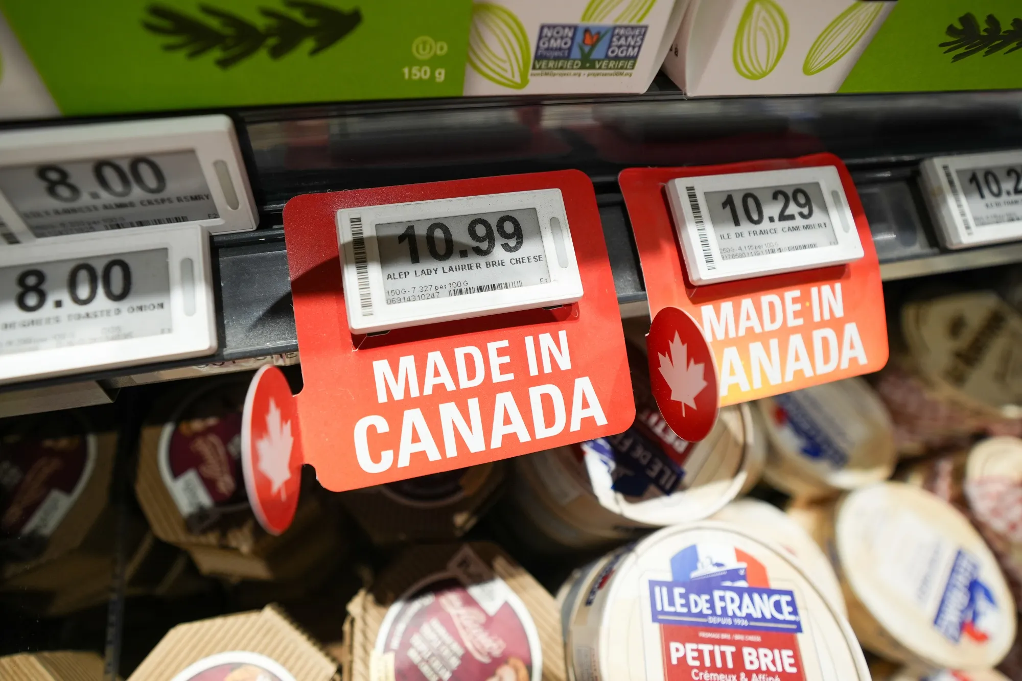 ‘Made in Canada’ stickers at Loblaws grocery store in Toronto on Feb. 3.