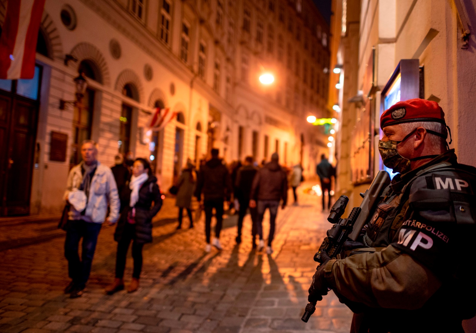A military police officer stands guard near the site of the Nov. 2 terror attack in Vienna, Austria, on Nov. 4.