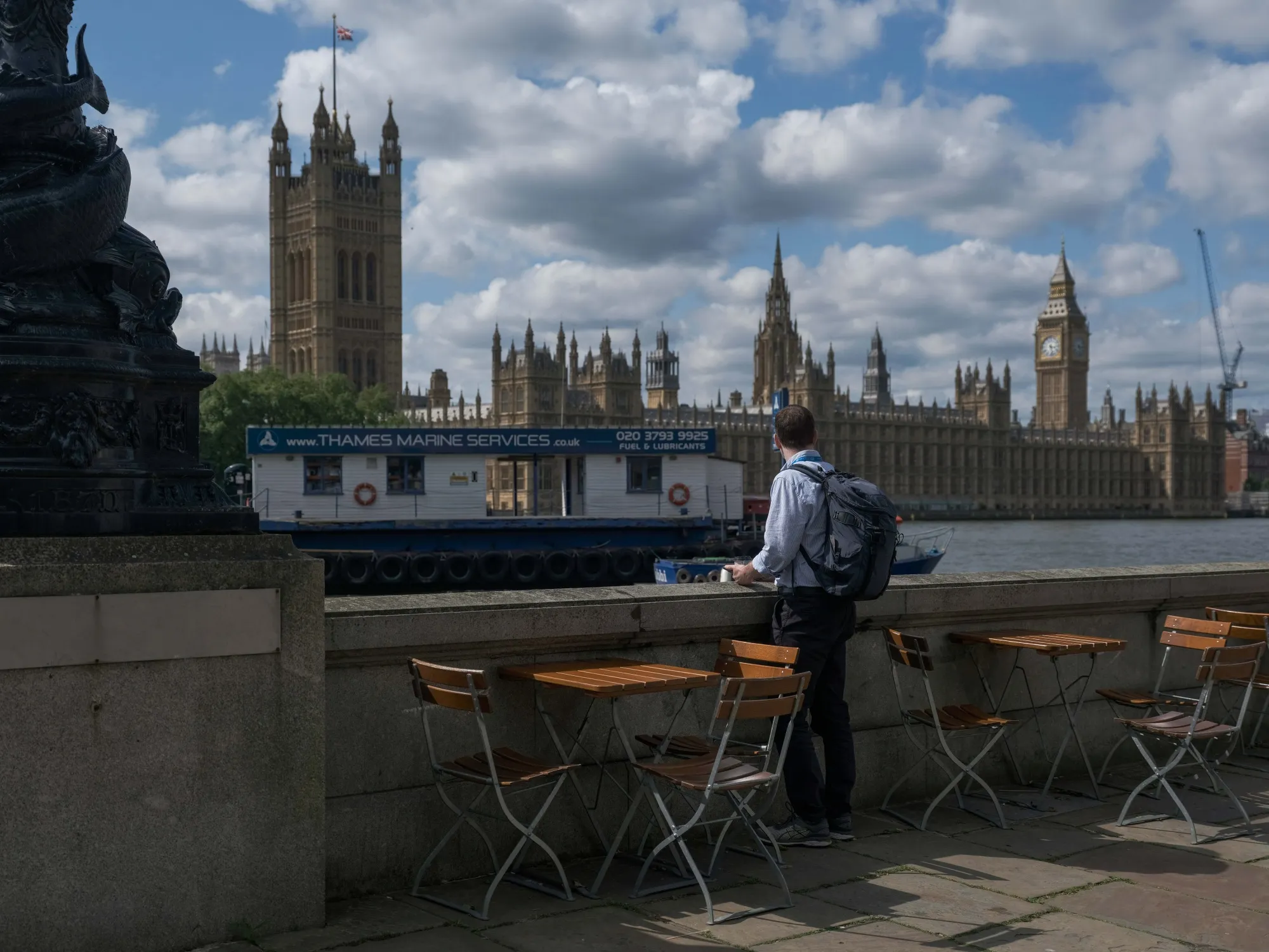 The Houses of Parliament on the bank of the River Thames in London.