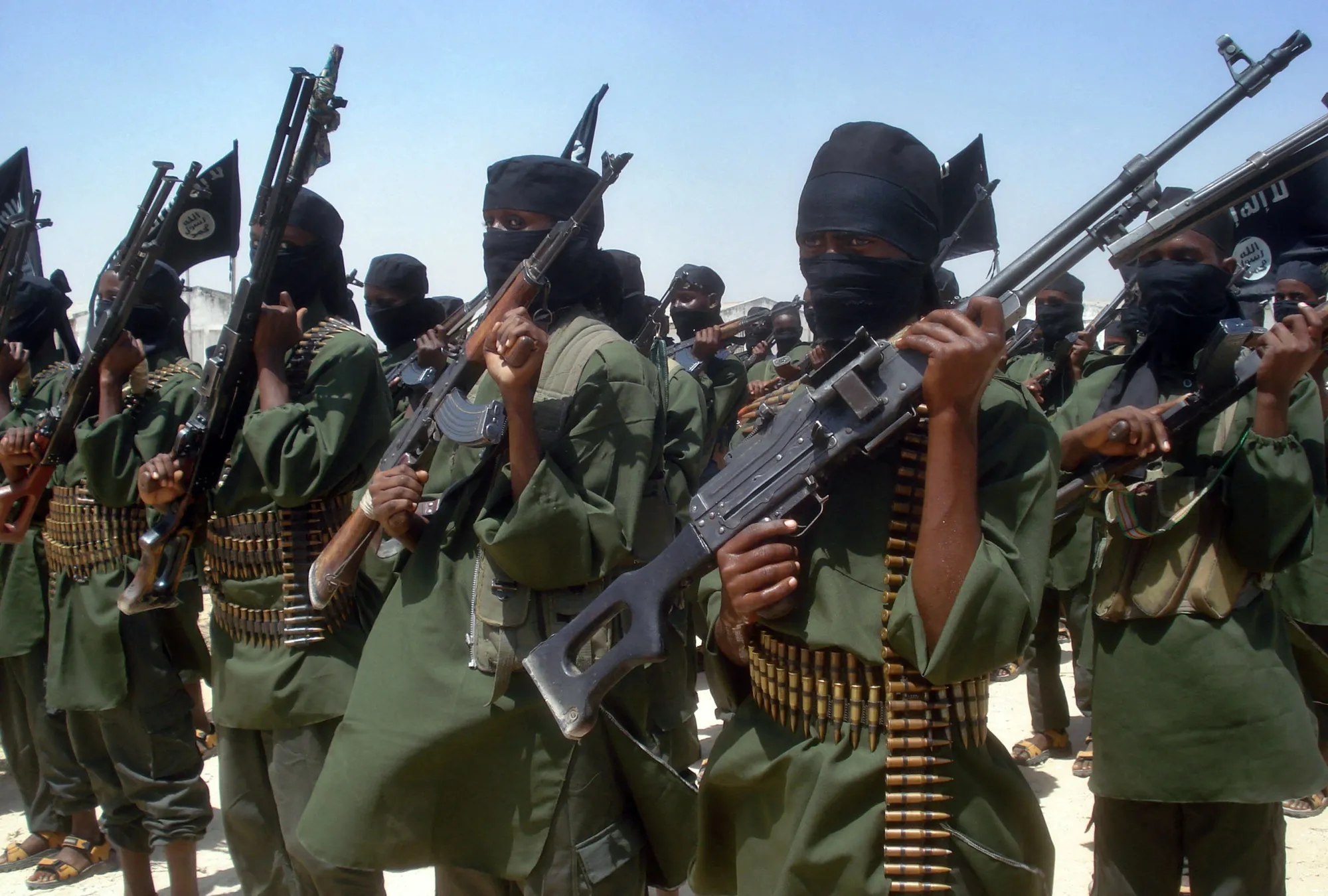 Al-Shabaab militants perform military drills&nbsp;in Lower Shabelle region, Somalia.