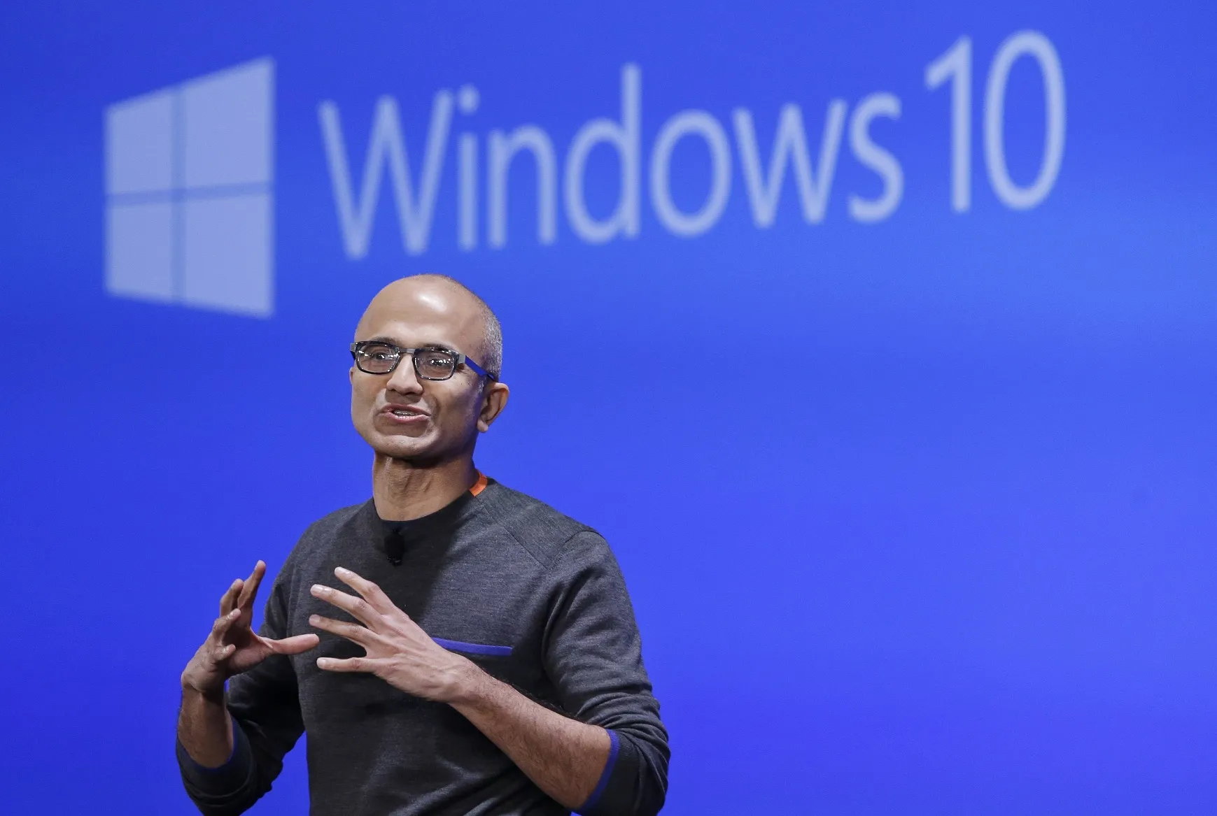 In this Jan. 21, 2015 file photo, Microsoft CEO Satya Nadella speaks at an event demonstrating the new features of Windows 10 at the company's headquarters in Redmond, Wash.
