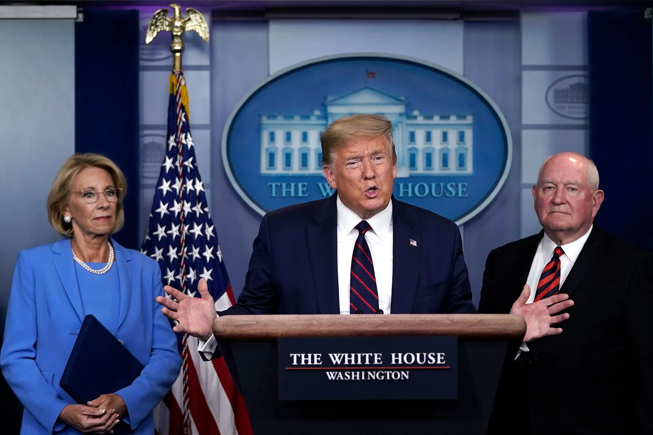 Donald Trump speaks during a news conference at the White House on March 27.