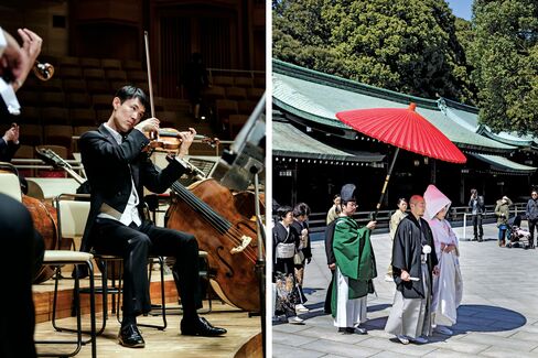 Musicians warm up for a concert; a traditional Japanese wedding ceremony.