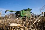 A worker operates a Deere &amp; Co. combine while harvesting corn at a farm in Union Springs, New York.