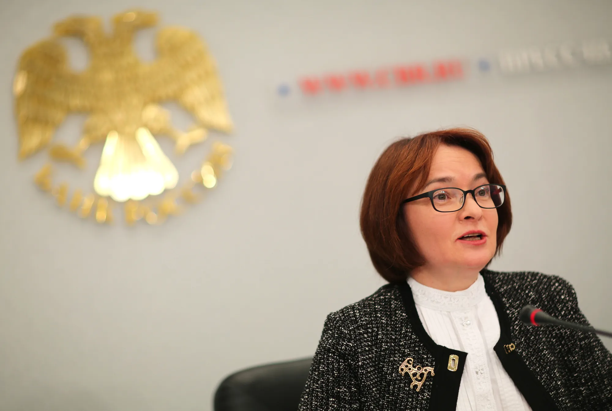 Elvira Nabiullina, Russia's central bank governor, speaks during a news conference to announce interest rates in Moscow, Russia, on Friday, March 24, 2017. The Bank of Russia signaled a new easing cycle may be in sight after reducing borrowing costs for the first time since September, breaking with guidance last month that called into question its room for rate decreases in the first half.