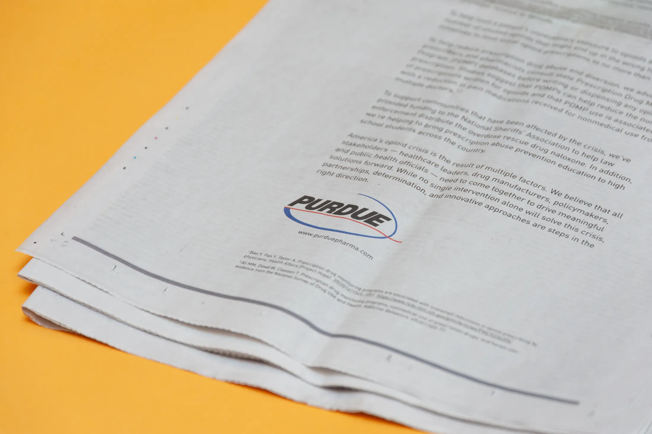 A full-page advertisement in the Wall Street Journal paid for by Purdue Pharma LP.&nbsp;