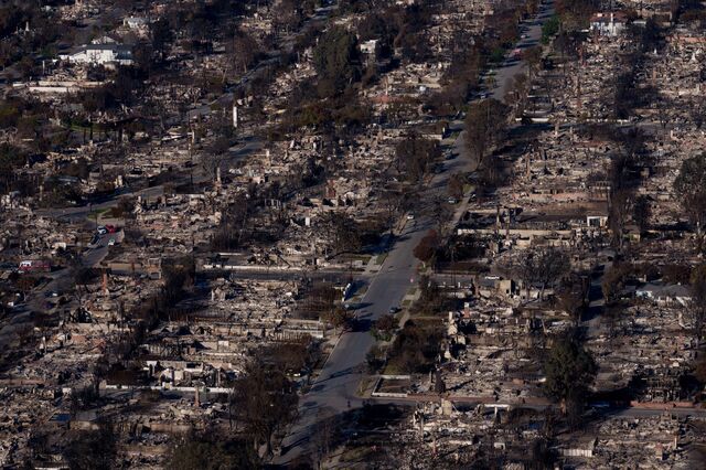 Homes destroyed by the Palisades Fire in Los Angeles, in January 2025.