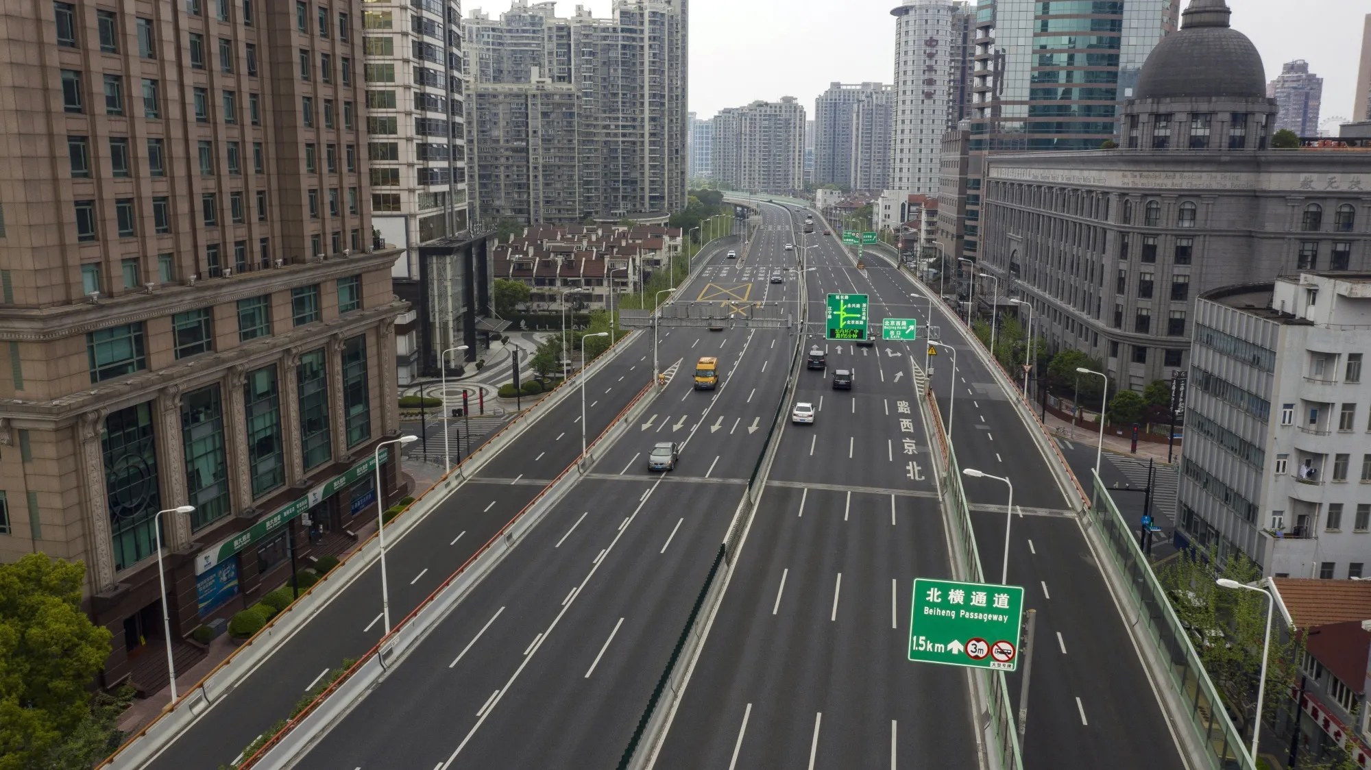 Nearly-empty roads during a lockdown due to Covid-19 in Shanghai on April 19.