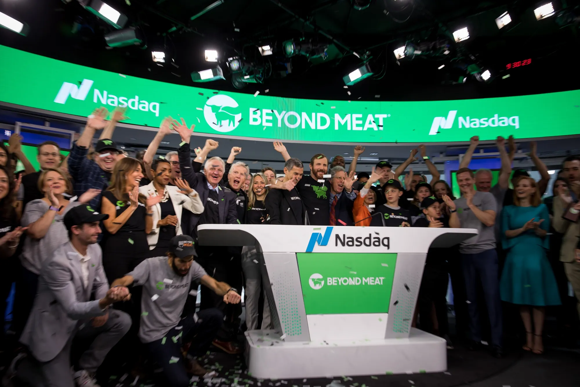 Ethan Brown, founder and chief executive officer of Beyond Meat Inc., rings the opening bell during the company's IPO&nbsp;at the Nasdaq MarketSite in New York.