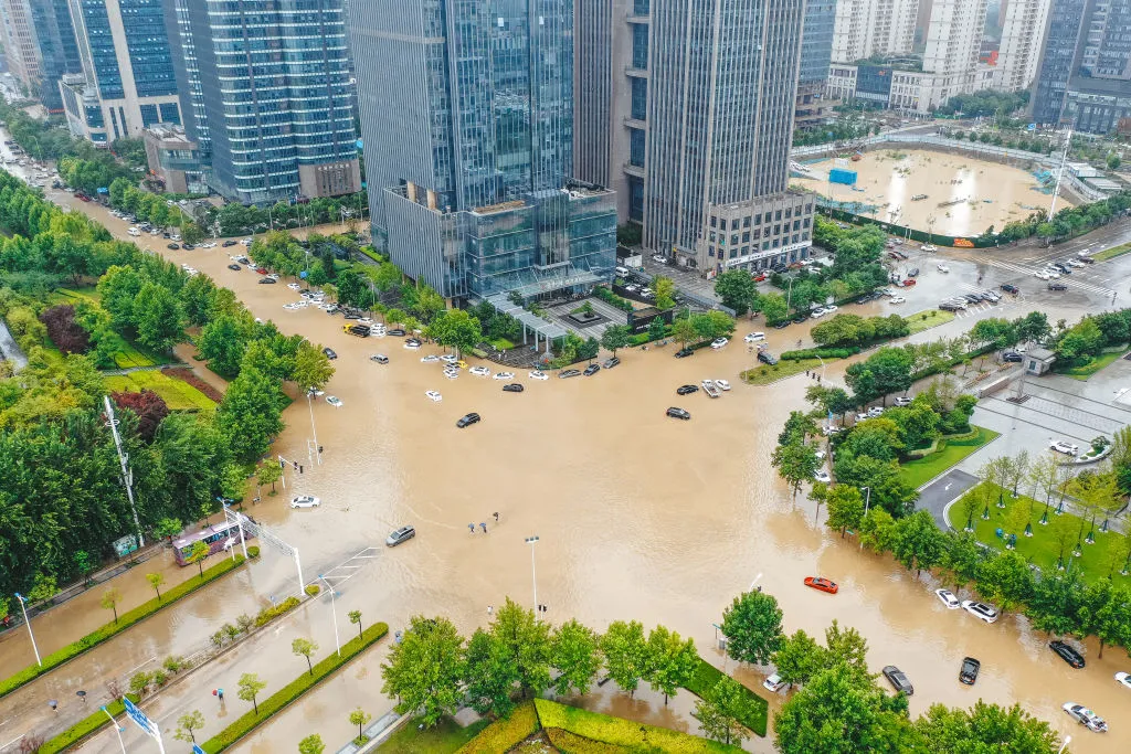 Aerial view of a flooded crossroad on July 21, 2021 in Zhengzhou, Henan Province of China. The heavy rain across Henan Province began on July 16, with Zhengzhou being one of the hardest-hit areas.&nbsp;