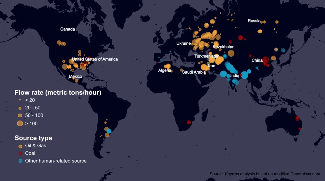 Satellite-detected methane leaks from human activities in 2021.