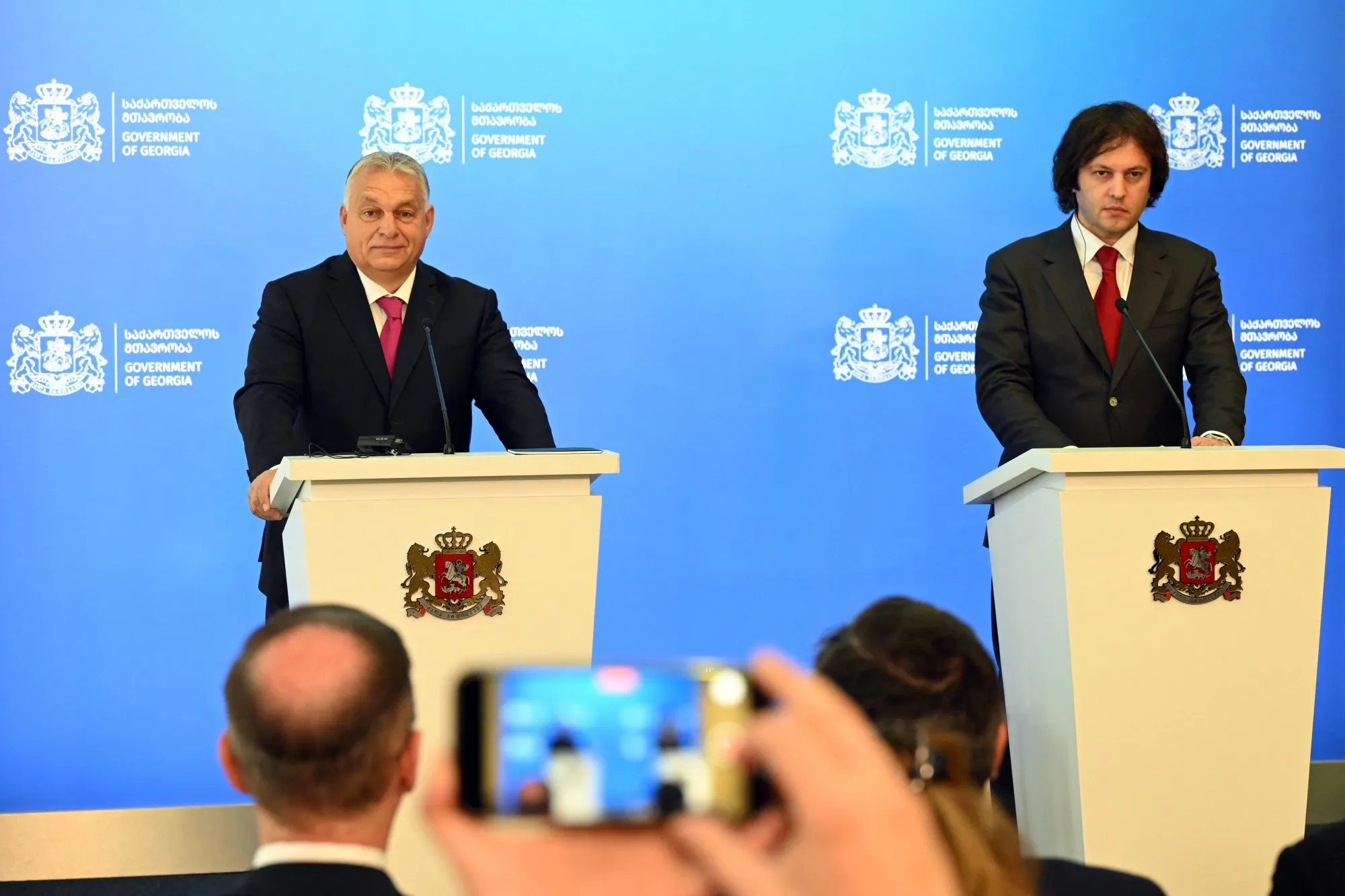 Viktor Orban, left, and Irakli Kobakhidze in Tbilisi on Oct. 29.