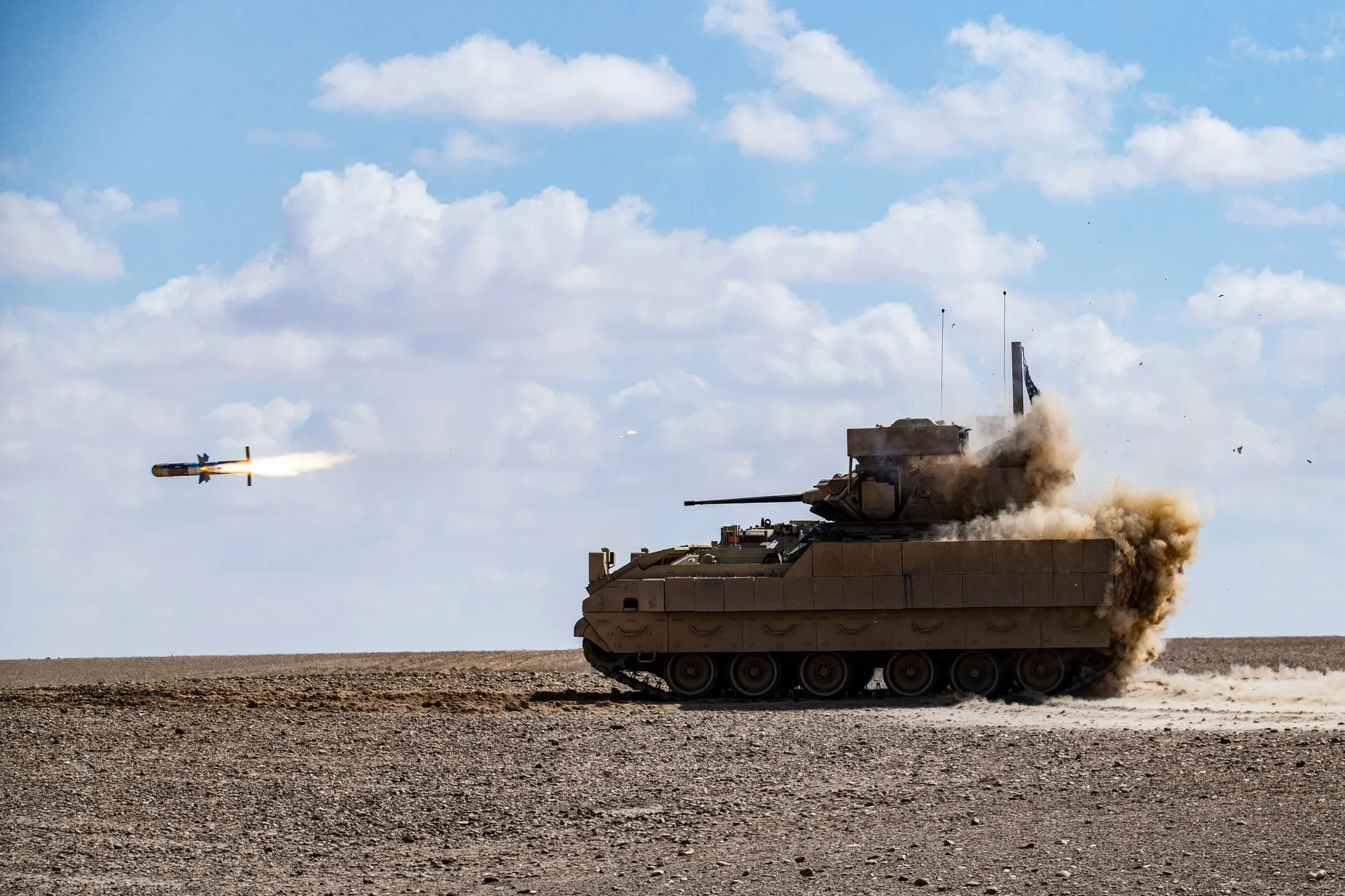 A US Bradley Fighting Vehicle fires an AGM-114 Hellfire during a&nbsp;military exercise in northeastern Syria.
