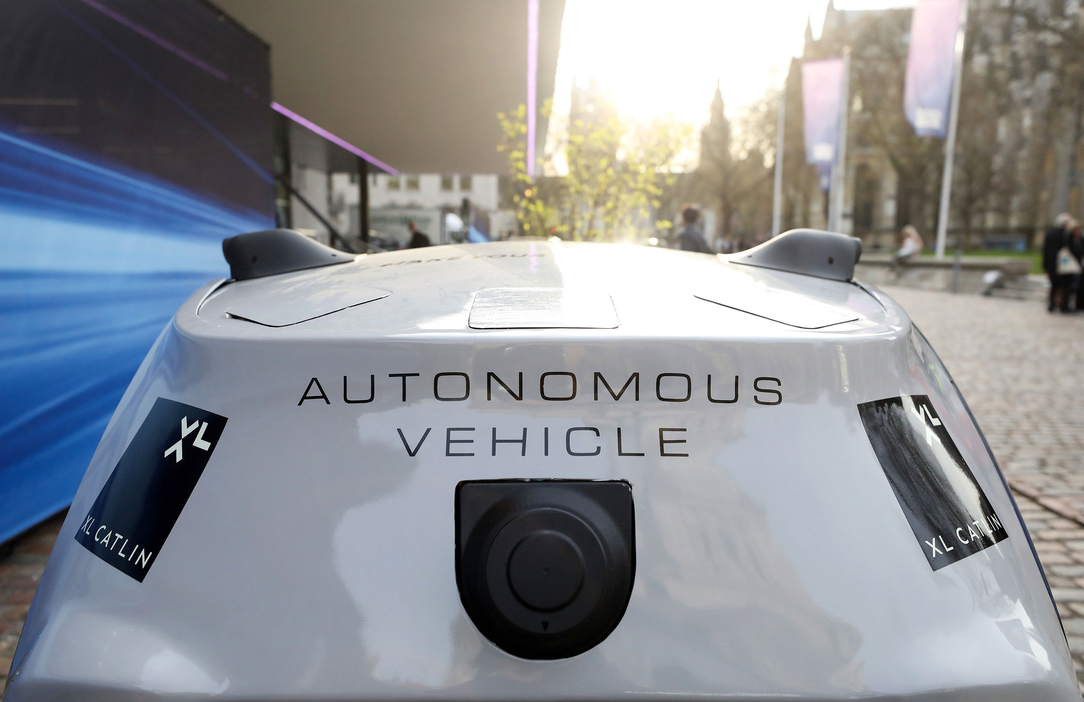 Sensors sit on the exterior of an autonomous vehicle developed by Oxbotica, using Selenium autonomous control software, outside the SMMT Connected 2017 conference on autonomous vehicles in London, U.K., on Thursday, March 30, 2017. In a worst case scenario, motor insurance premiums could fall by as much as 80 percent in some mature markets by 2040 because of new technologies, changes to mobility, regulation and companies being incentivized to roll out fleets of shared andautonomous vehicles.
