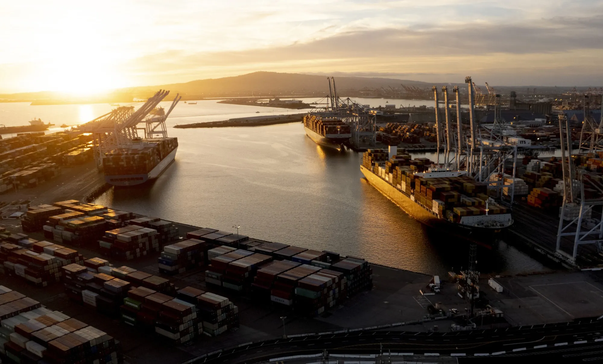 Cargo ships are unloaded at the Port of Long Beach in Long Beach, California.