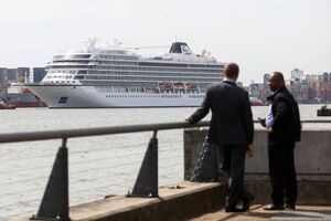 The Viking Sea Cruise Ship Passes Through The Thames Barrier