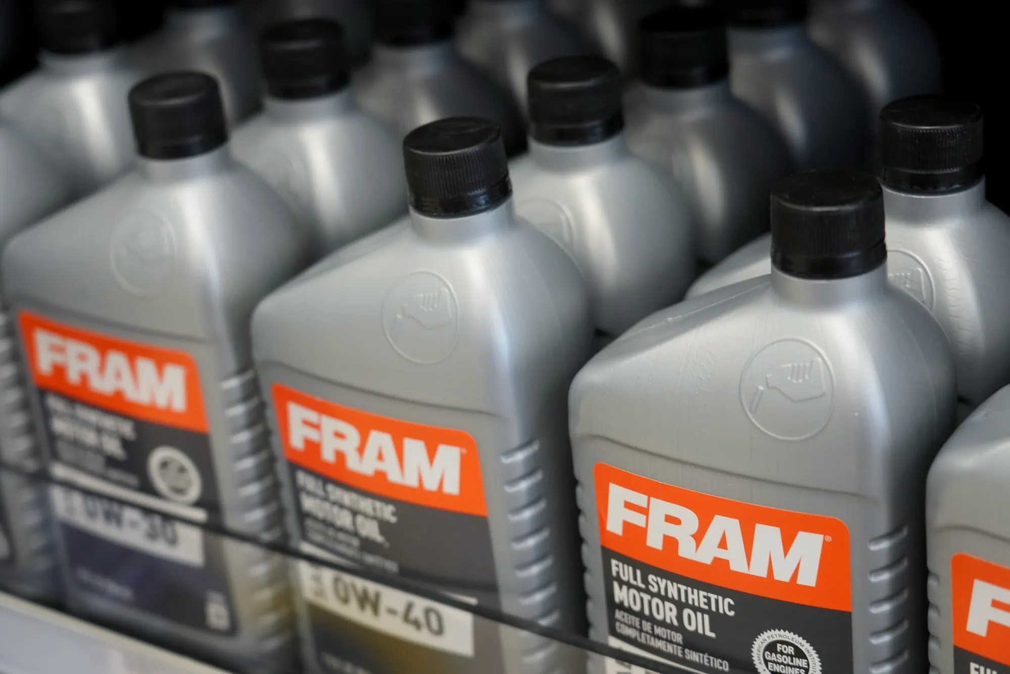 Bottles of Fram full synthetic motor oil at an auto parts store in Provo, Utah.