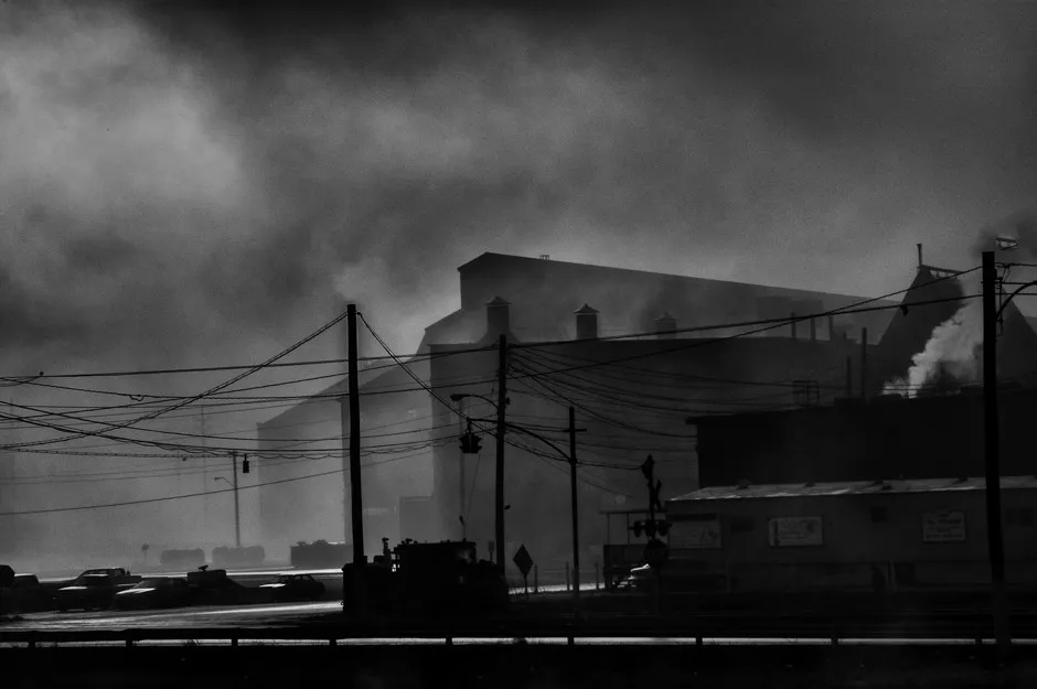 In the morning light, smoke from the Sparrows Point mills mingles with the fog. The steel mill outside of Baltimore closed in 2012.