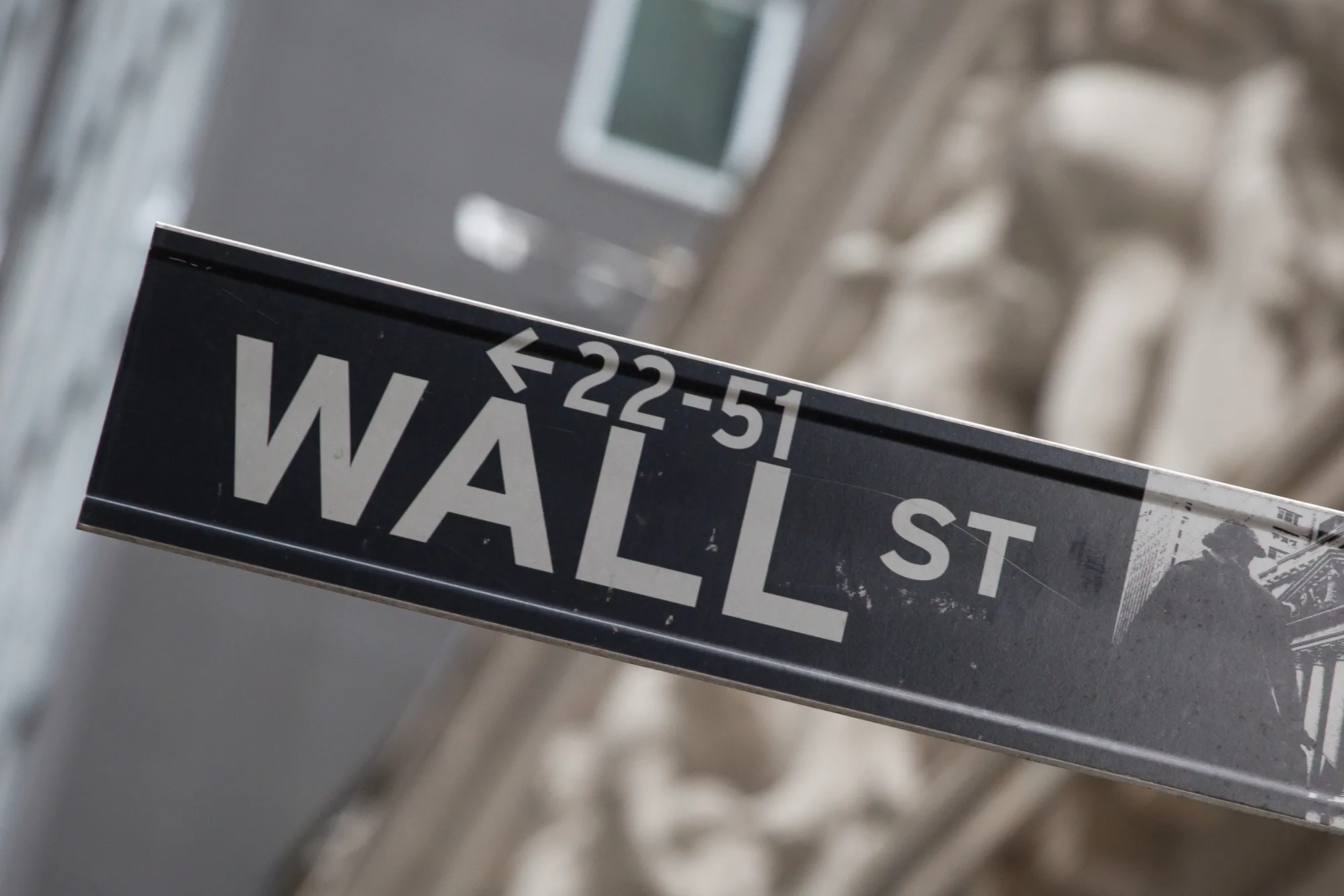 A sign for Wall Street and American flags in New York, U.S..