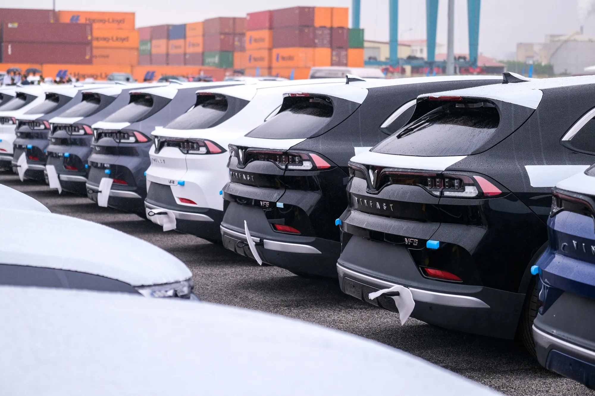 VinFast F8 electric vehicles bound for shipment at a port in Haiphong, Vietnam.