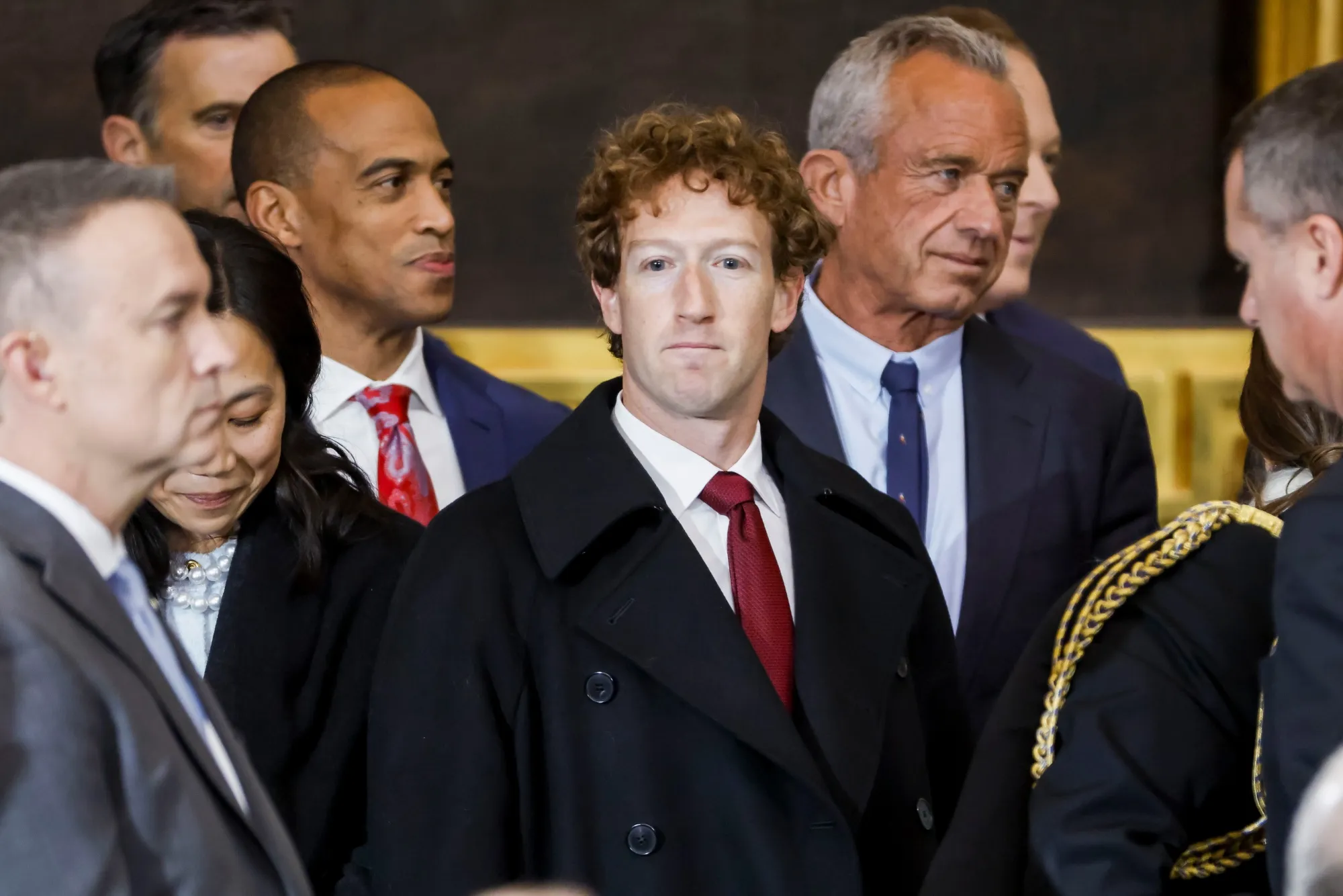 Mark Zuckerberg, chief executive officer of Meta Platforms Inc., center, at&nbsp;Donald Trump’s swearing-in on Jan. 20, 2025.