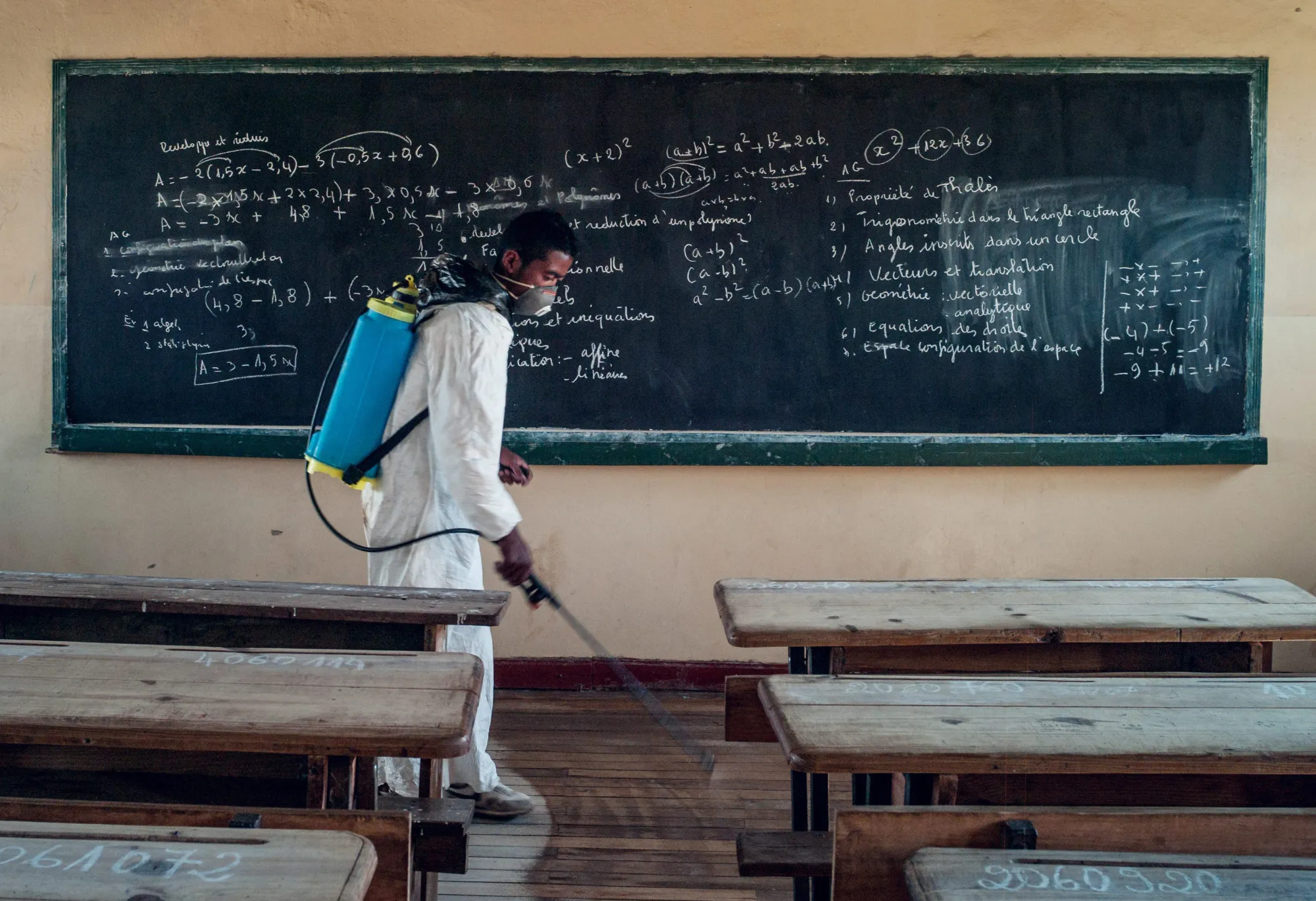 A government worker sprays disinfectant at a public school in Antananarivo, Madagascar on Oct.3.
