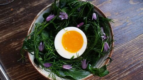 Warm potted shrimp (they're under there somewhere, we swear!) with new potatoes and a soft-boiled egg.