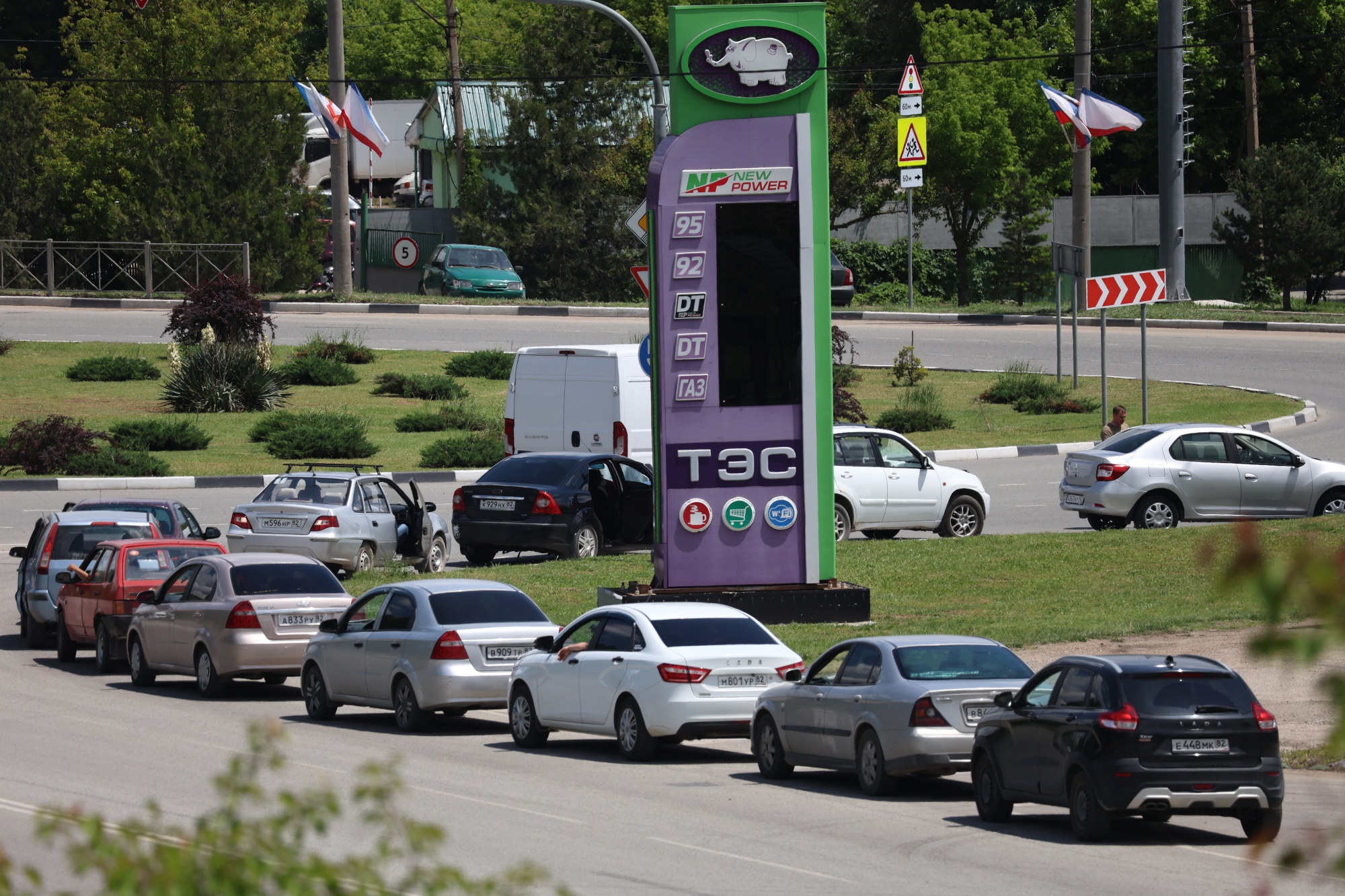 Cars line up at a petrol station in Simferopol, Crimea, on June 12, 2026, amid fuel shortages.