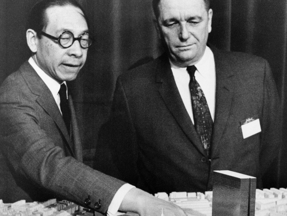 I. M. Pei, left, explains features of the John Hancock tower (designed by his business partner Harry Cobb) in a 1967 meeting.