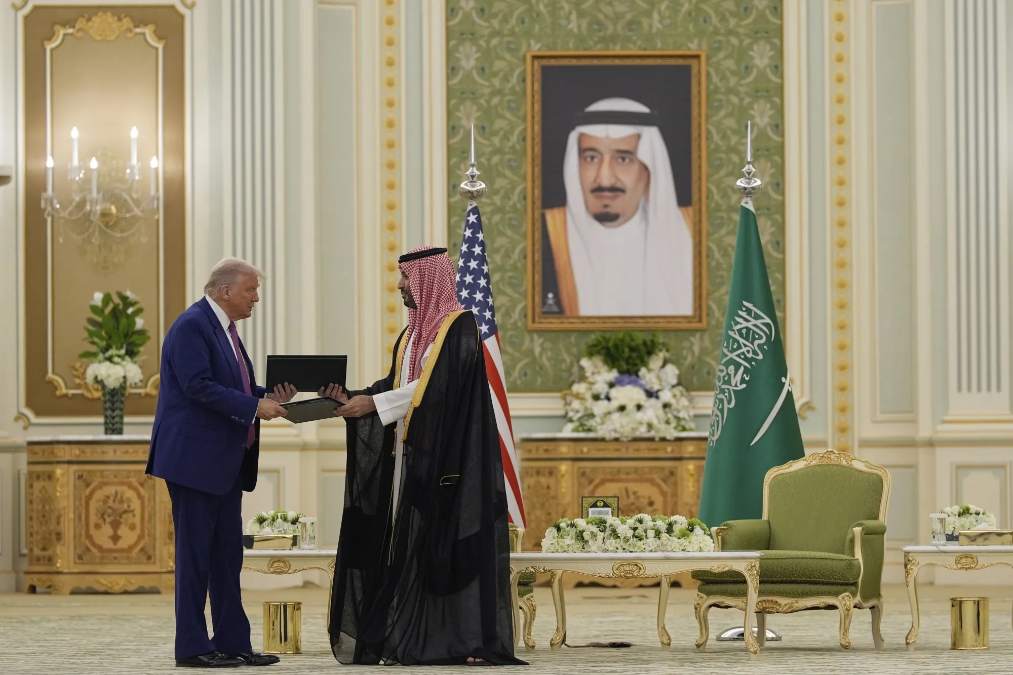 Donald Trump and Crown Prince Mohammed bin Salman during a signing ceremony at the Royal Palace, Saudi Arabia.