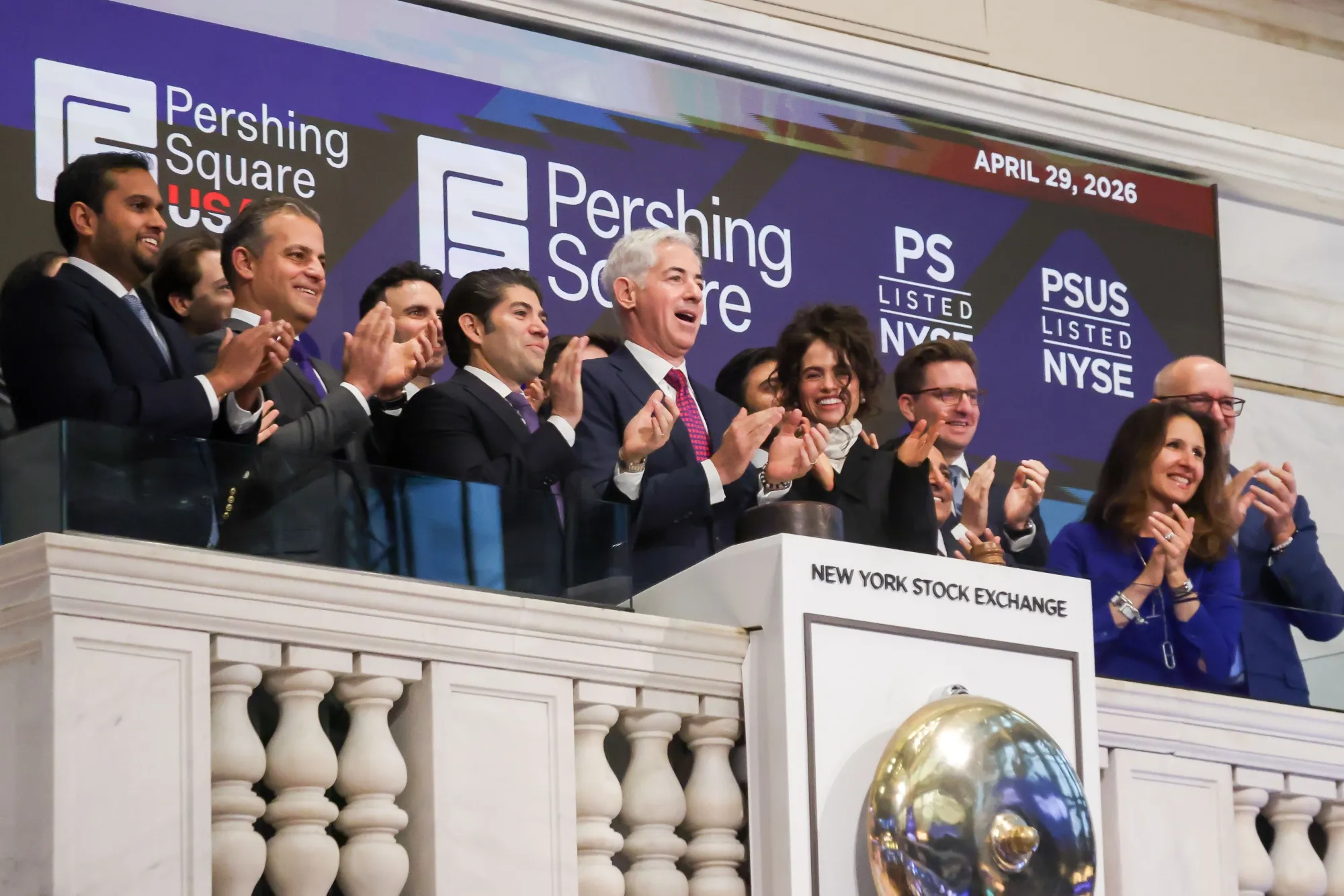 Pershing Square Capital Management CEO&nbsp;Bill Ackman, center, rings the opening bell during the company's IPO on the floor of the New York Stock Exchange on April 29.
