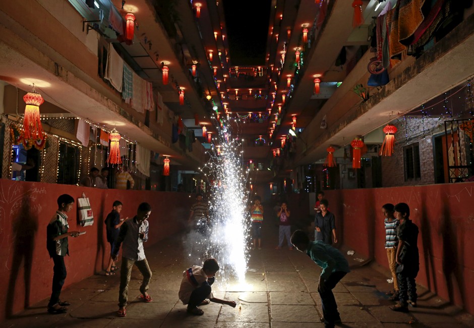 Kids set off firecrackers in Mumbai during Diwali, the festival of light.