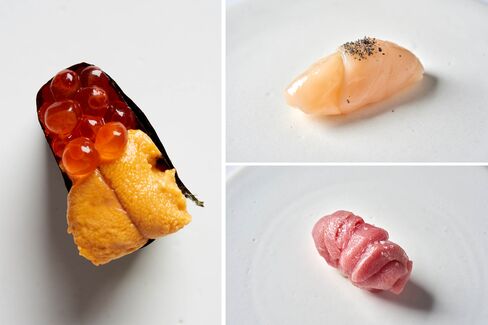 Clockwise from left: sea urchin with salmon roe, scallop, and hagitoro (tuna) nigiri.