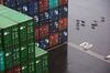 A pack of dogs passes some shipping containers.
