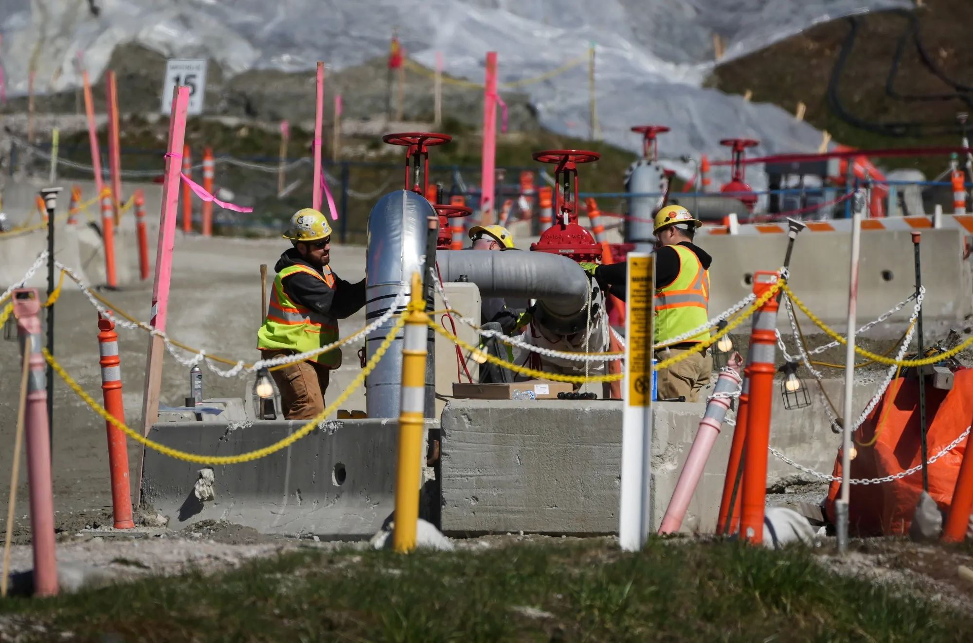 Construction on the Trans Mountain Pipeline expansion project at the Burnaby Terminal tank farm in British Columbia, on March 27.